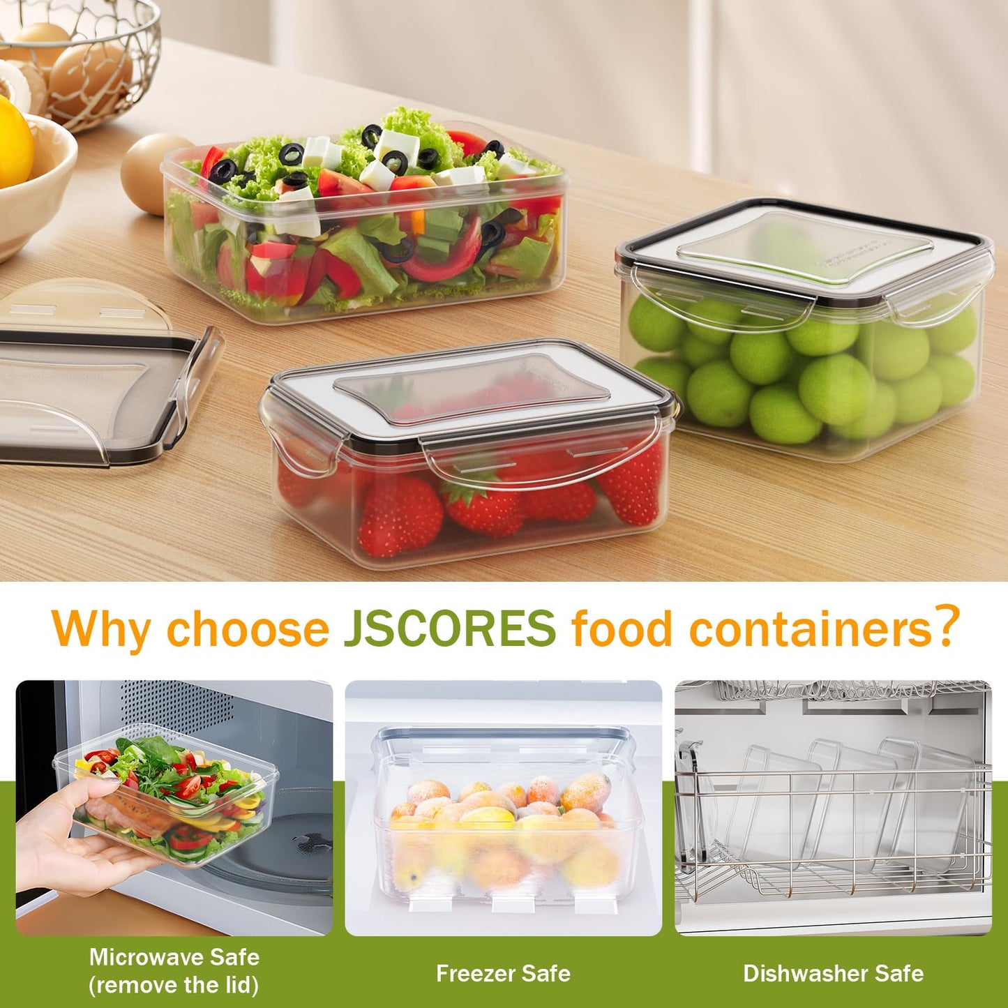 JSCORES 40-piece food storage containers set includes 20 containers and 20 lids. Leak-proof and BPA-free, perfect for kitchen food storage.