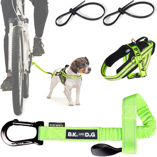 Dog leash and harness for bike, harness with side rings, including 2 bike straps. Patented. (Yellow, XS)
