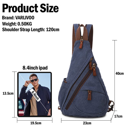 VARLIVOO Retro Men's Sling Bag Women's Crossbody Bag Shoulder Bag Travel Camping Cycling Hiking School Canvas Sling Backpack Navy Blue
