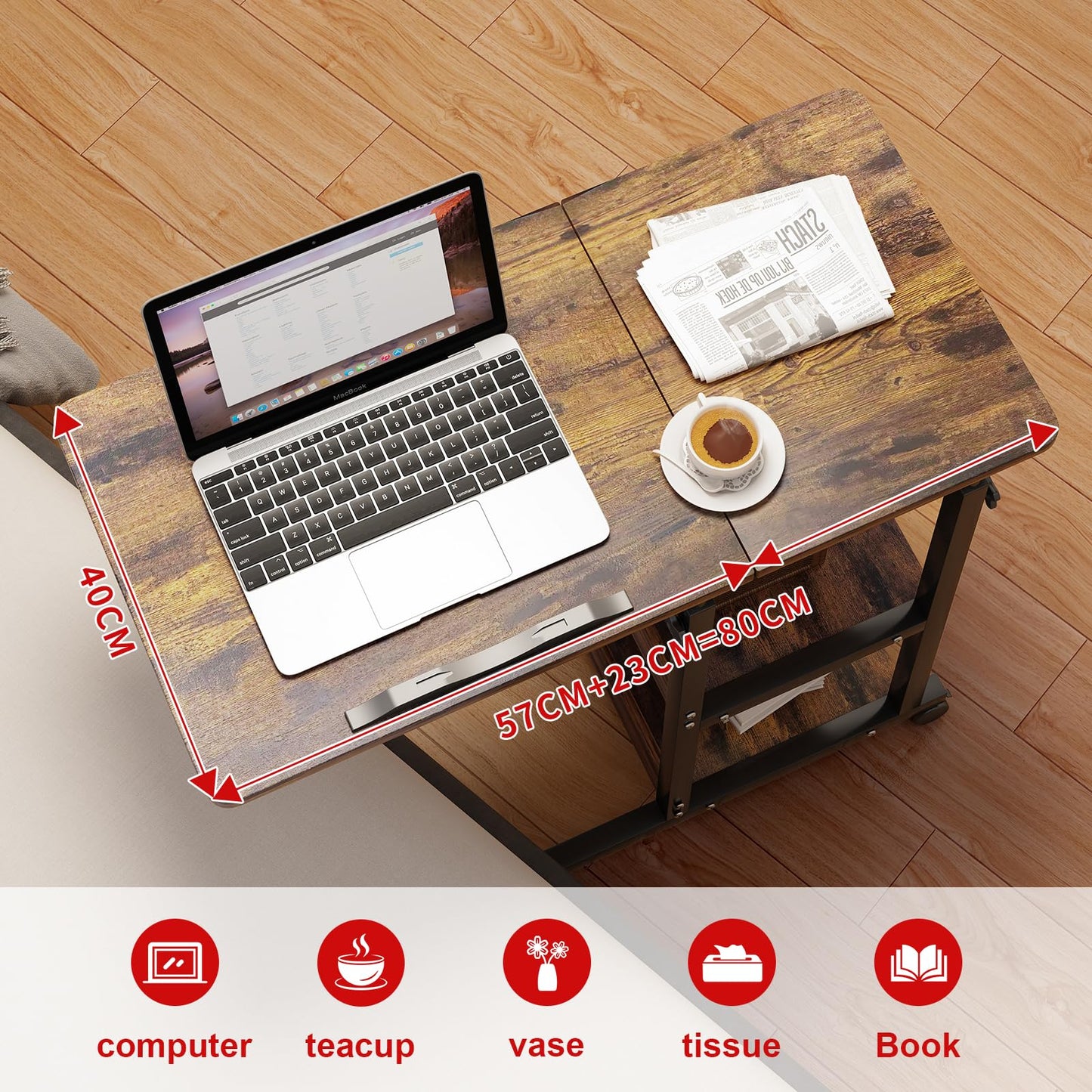 PIPIPOXER side table computer desk with socket and casters, height adjustable wooden desk with 80x40cm tabletop and 4 swivel 360° wheels for computer, laptop, bedroom.