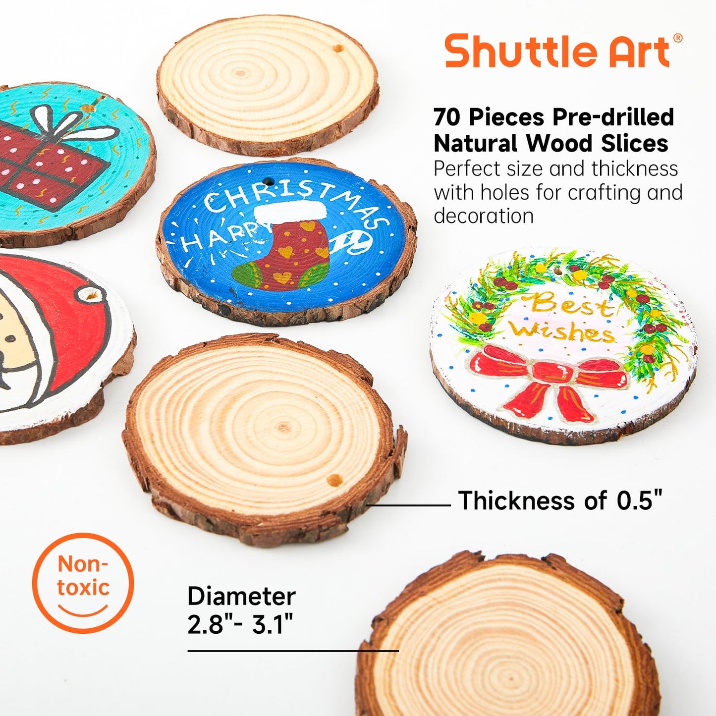 Shuttle Art Wooden Discs for Crafts, 70 Pieces 7-8cm Pre-Drilled Tree Slices with Hole, Natural Wood Slices for Painting with Acrylic Paints and Permanent Marker, Wood Circles, Suitable for Children, Christmas Decoration.