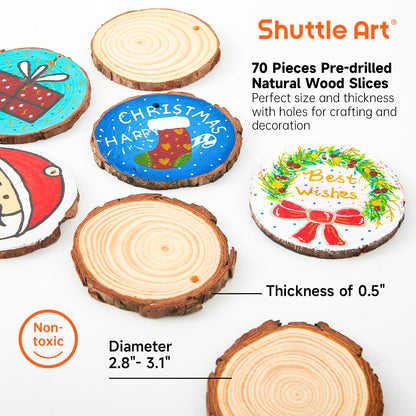 Shuttle Art Wooden Discs for Crafts, 70 Pieces 7-8cm Pre-Drilled Tree Slices with Hole, Natural Wood Slices for Painting with Acrylic Paints and Permanent Marker, Wood Circles, Suitable for Children, Christmas Decoration.