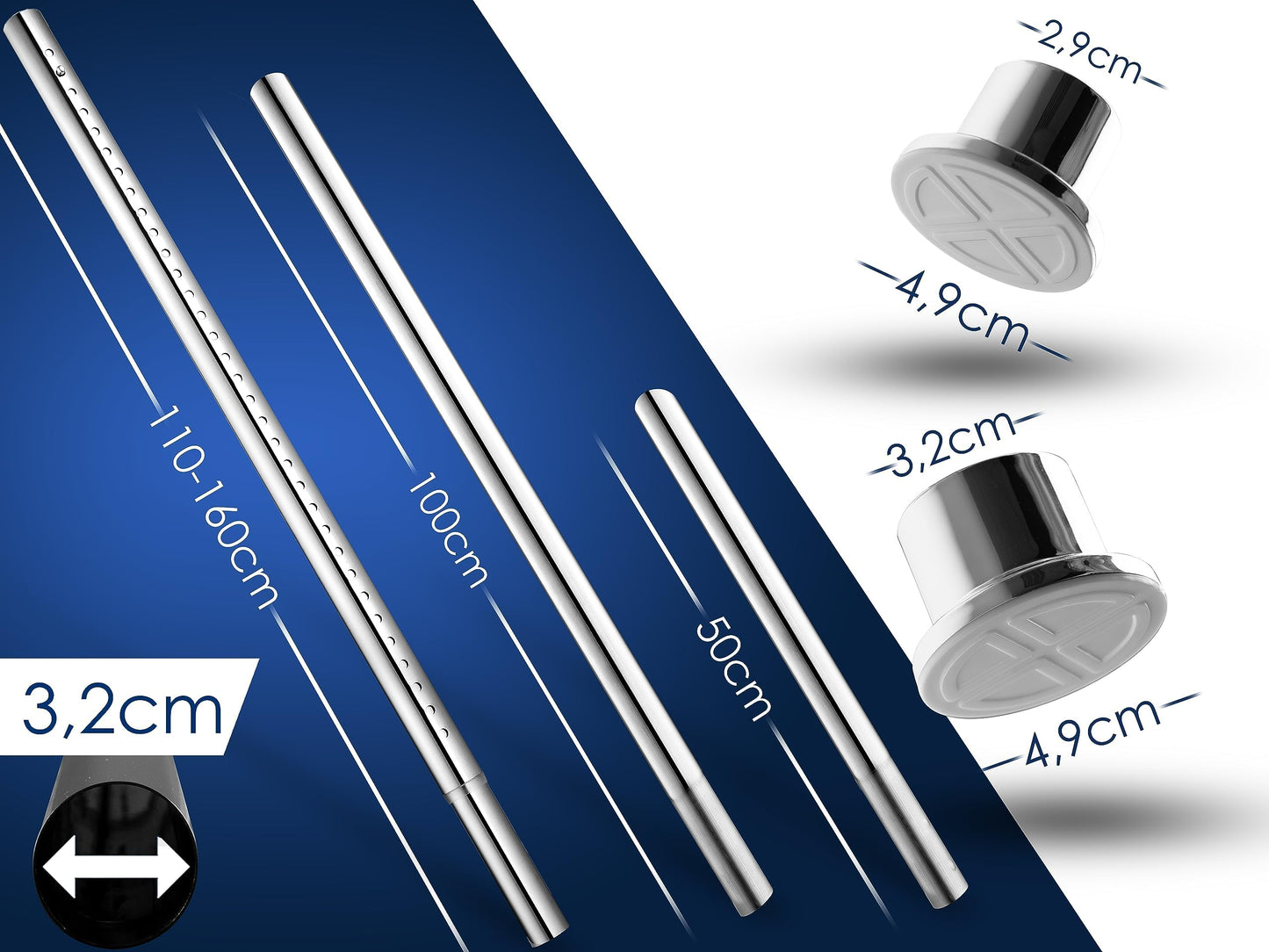 MEISENBERG Rod without drilling 260-310cm, Silver, Ø 32 mm, Telescopic rod for clamping - Multifunctional curtain rod clamping rod for windows, room dividers and kitchen