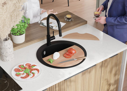 PRIMAGRAN Round Black Sink 53x53cm, Round Sink 1 Basin + Kitchen Faucet 40x20cm + Accessory Set, Kitchen Sink for 50cm Base Cabinet - Pisa Max S031