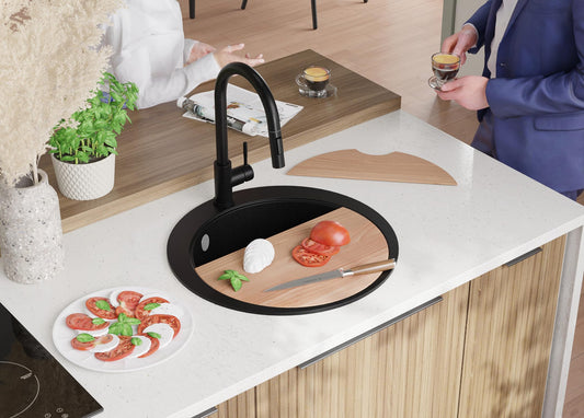 PRIMAGRAN Round Black Sink 53x53cm, Round Sink 1 Basin + Kitchen Faucet 40x20cm + Accessory Set, Kitchen Sink for 50cm Base Cabinet - Pisa Max S031