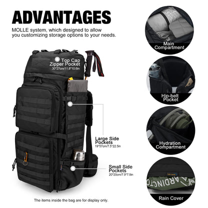 Mardingtop 75L Tactical Backpack with Rain Cover, MOLLE System Hiking Backpack Large Capacity Outdoor Backpack for Trekking, Hiking, and Camping.