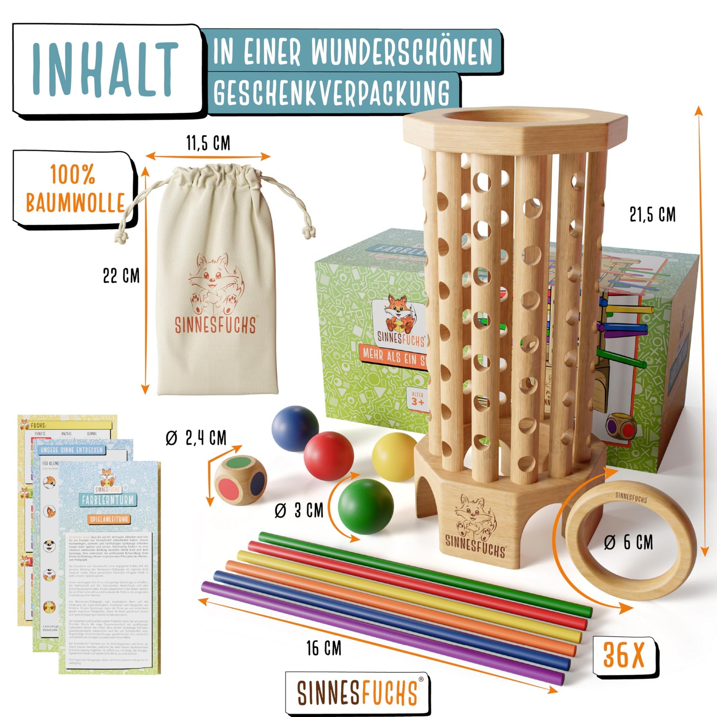 SENSESFOX® Color Learning Tower - FSC® 100% - Montessori toy from 3 years - wooden toy with educational value - learning games from 3 years - children's color stick wooden game - children's games from 4 years