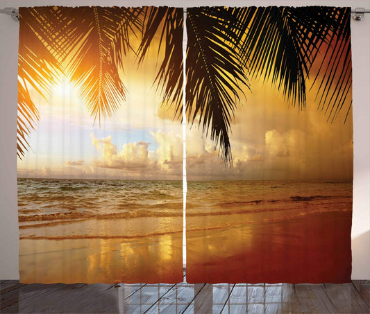 ABAKUHAUS Beach Rustic Curtain, Caribbean Sunset Palms, Bedroom Ruffled Curtain with Loops and Hooks, 280 x 245 cm, Yellow Orange Blue