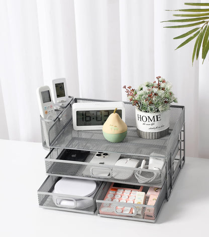 Vikmyer 3-Tray Desktop Organizer with Drawer, Mesh Office Desk Supplies Organizer Document Letter Tray Holder for Office Home (2 Pen Holders) Silver-3 Drawers