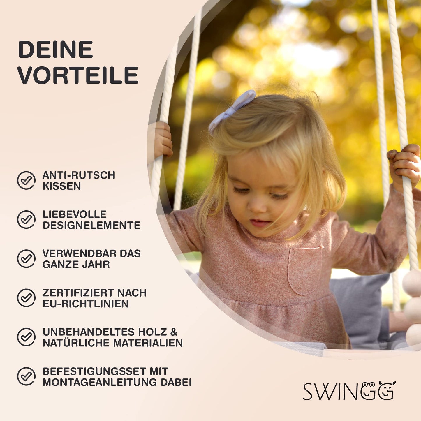 SWINGG® Baby Swing Indoor Outdoor - Comfortable baby swing with safety belt | sturdy mounting set & anti-slip seat cushion | Door frame swing made of wood & cotton, certified for EU.
