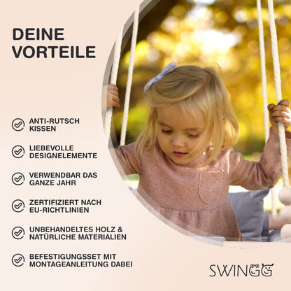 SWINGG® Baby Swing Indoor Outdoor - Comfortable baby swing with safety belt | sturdy mounting set & anti-slip seat cushion | Door frame swing made of wood & cotton, certified for EU.