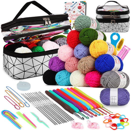 Coopay crochet set for beginners, 71 pieces crochet hook set with bag and yarn, premium crochet set with knitting accessories and yarn, 0.6-6.0mm crochet hook set, complete crochet for beginners gifts, silver
