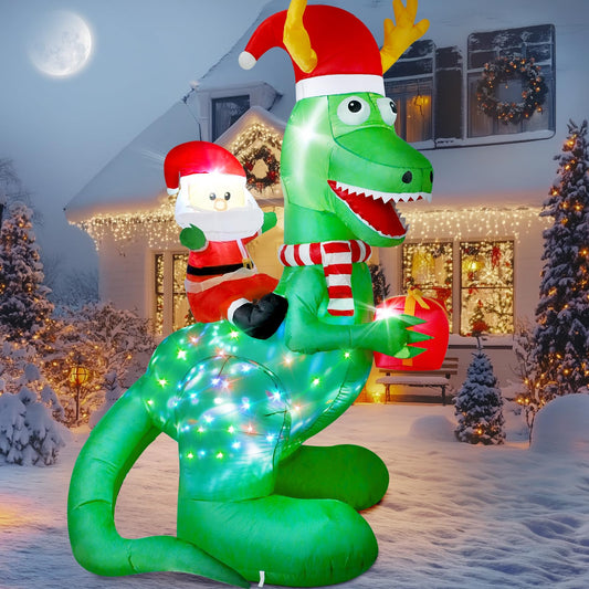 Vintoney 8ft/244cm Christmas Inflatable Dinosaur and Santa Claus Inflatable with Rotating LED Lights Yard Decoration Snowball Inflatables Indoor Outdoor Christmas Decorations