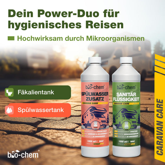 Bio-chem camping toilet additives: Microbiological sanitation liquid 1L + flushing water additive 1L including dosing cup - Sanitation additive for camping toilet, portable toilet, chemical toilet - Made in GER.