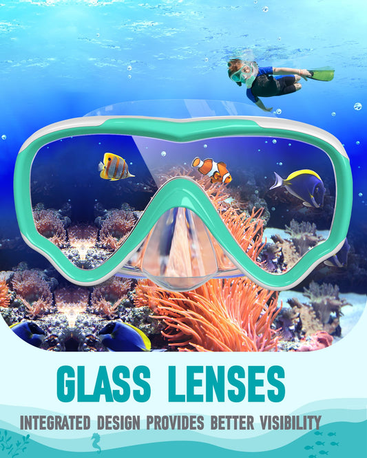 RIOROO Kids Diving Mask and Snorkel Set with leak-proof and fog-resistant design. 180° panoramic HD view with nose cover. Suitable for boys and girls aged 4-14.