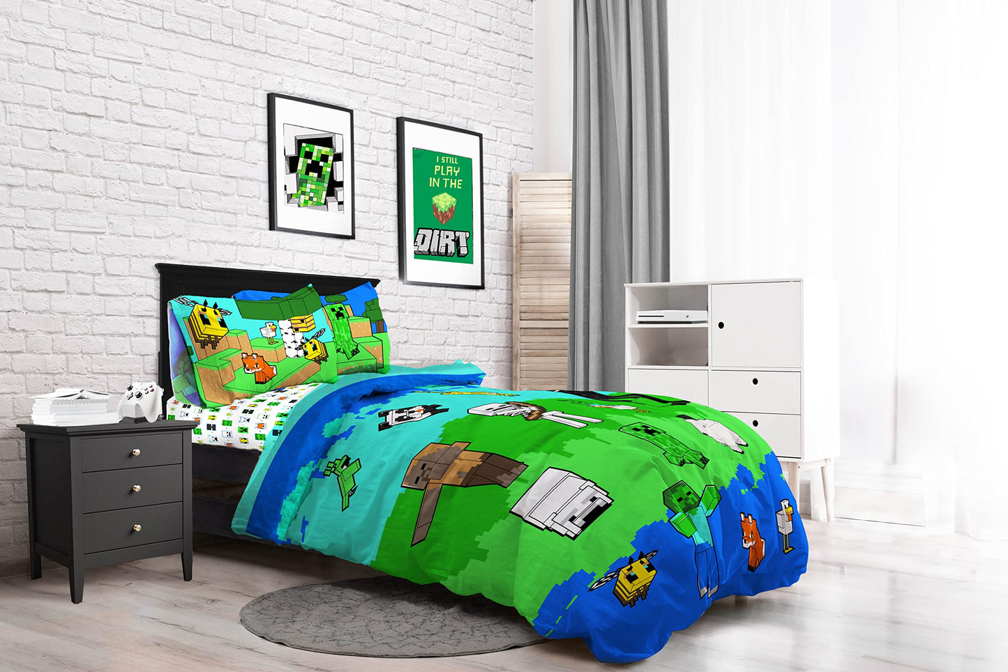 Jay Franco Minecraft Creative Mode 100% cotton 3-piece bedding set 135x200cm single bed size - duvet cover + fitted sheet 90x200 cm + pillowcase 50x70 cm