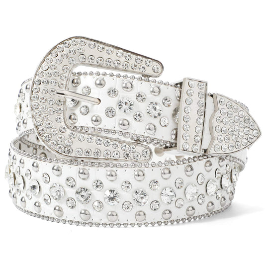 LEACOOLKEY Rhinestone Belt for Women for Jeans, Western Cowgirl Rivet Punk PU Leather Belt, Women's Black Rhinestone Belt (S: Fit waist size 70cm-80cm = 105cm total length, B-White)