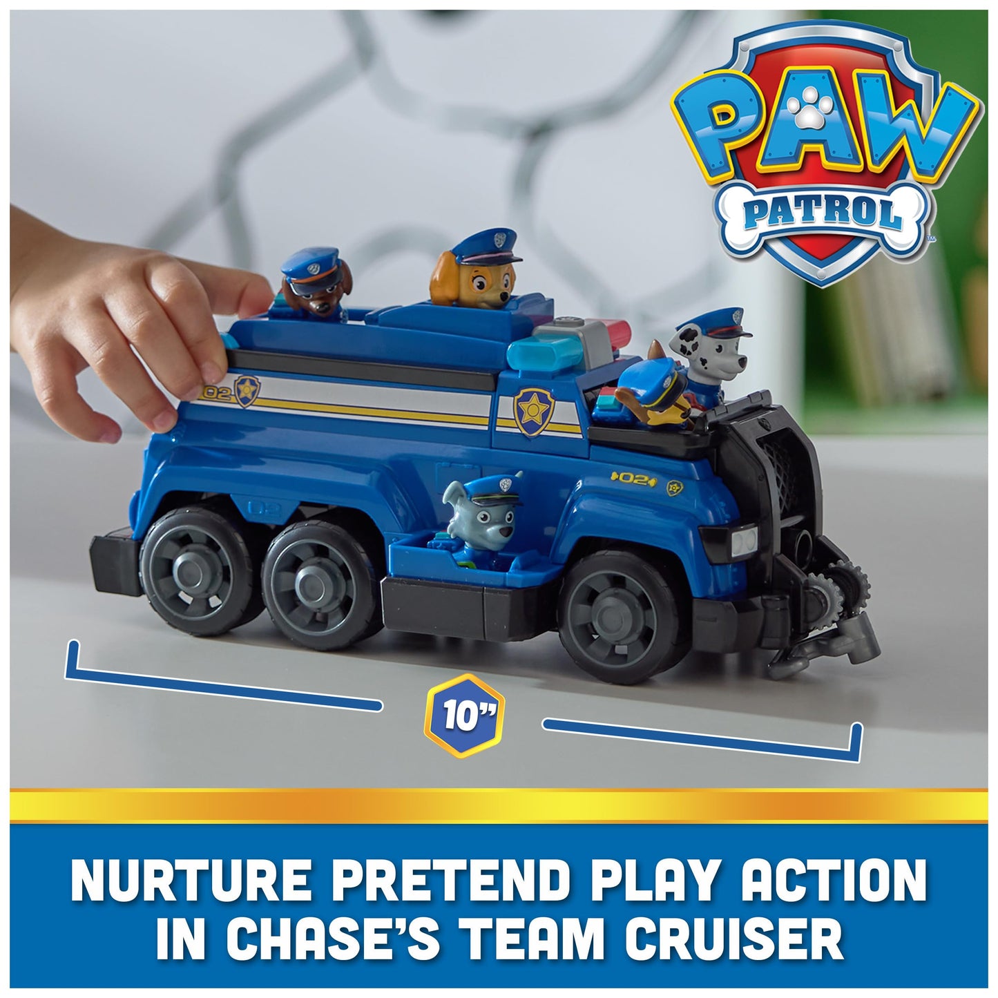PAW PATROL Team Cruiser, a big vehicle featuring exclusive Chase, Marshall, Skye, Rubble, Rocky & Zuma action figures. Toys for boys & girls ages 3+.