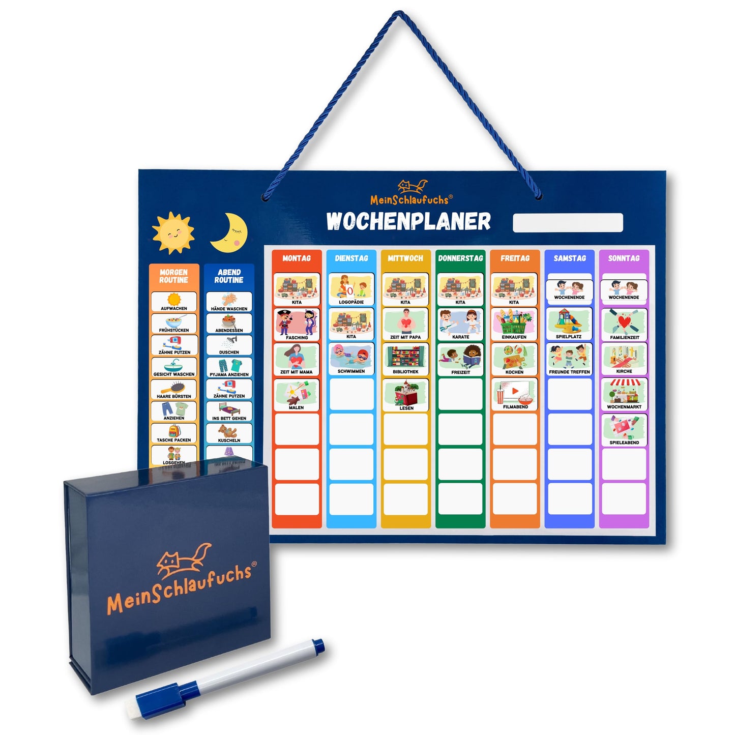 My Clever Fox® Weekly Planner for Kids - Montessori Magnetic Board with 250 Magnets, Storage Box, Cord & Marker - Write & Wipe - Kids Routine Planner - Kids Calendar