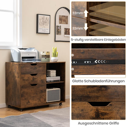 GOPLUS rolling file cabinet, mobile filing cabinet with 5 wheels, 3 drawers, and 2 open compartments, side cabinet printer stand for documents in A4, letter, & legal size (Rustic Brown)