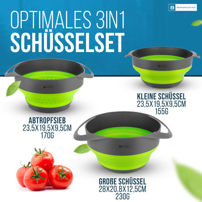 Bergmeister® Foldable Bowl Set 3in1 with Colander 1.7L / 2.8L Multifunctional Dishwasher Safe Space-saving for every home and outdoor camping kitchen