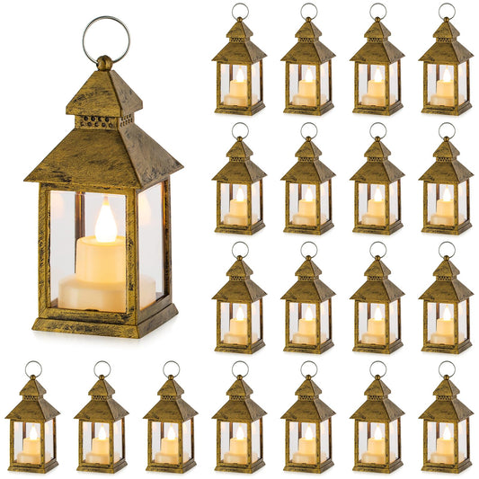 NUPTIO Small Lantern Gold Tealight - 20 Pieces Mini Indoor Lantern with Flickering LED Tea Lights Candles Black Hanging Vintage Moroccan Christmas Table Decor Wedding Living Room Oriental