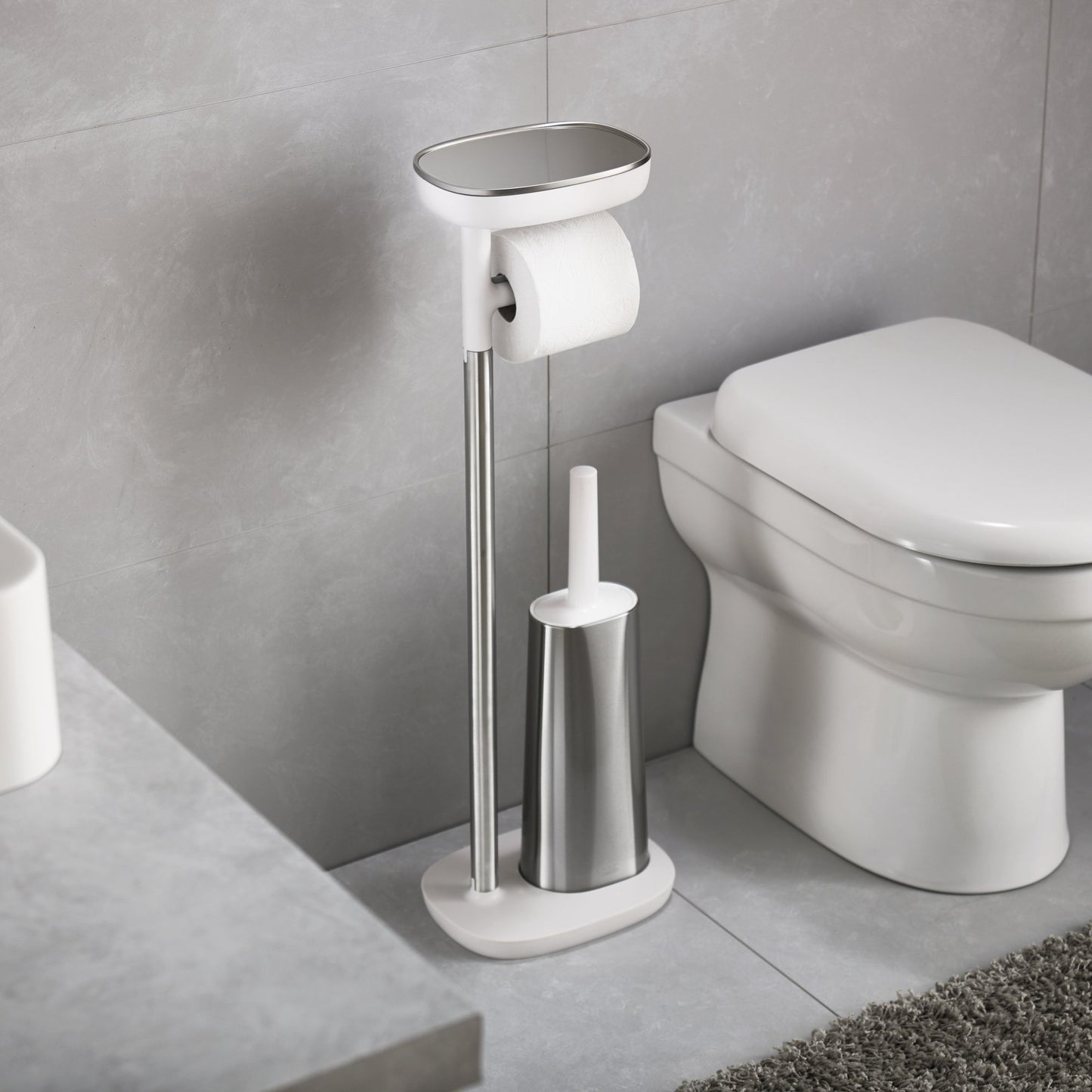 Joseph Joseph Easy Store - toilet paper holder and stand with flexible toilet brush, bathroom storage solution, made of stainless steel.