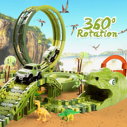 Burgkidz Dinosaur Race Track Play Vehicles Toy Set, 387 Pieces of Flexible Dino Tracks with 360 Loop and Car Turntable Playset, 2 Race Cars, Gift for Kids 3+ years old.