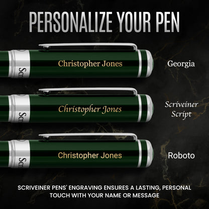 Scriveiner British Racing Green Personalized Pen - Stunning Green Lacquer Luxury, Chrome Finish, German Schmidt Nib (Medium), Best Engraved Fountain Pen Gift Set, Name Engraving