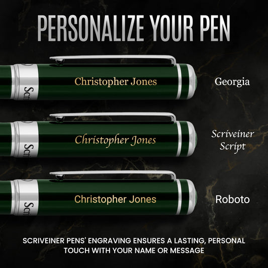 Scriveiner British Racing Green Personalized Pen - Stunning Green Lacquer Luxury, Chrome Finish, German Schmidt Nib (Medium), Best Engraved Fountain Pen Gift Set, Name Engraving