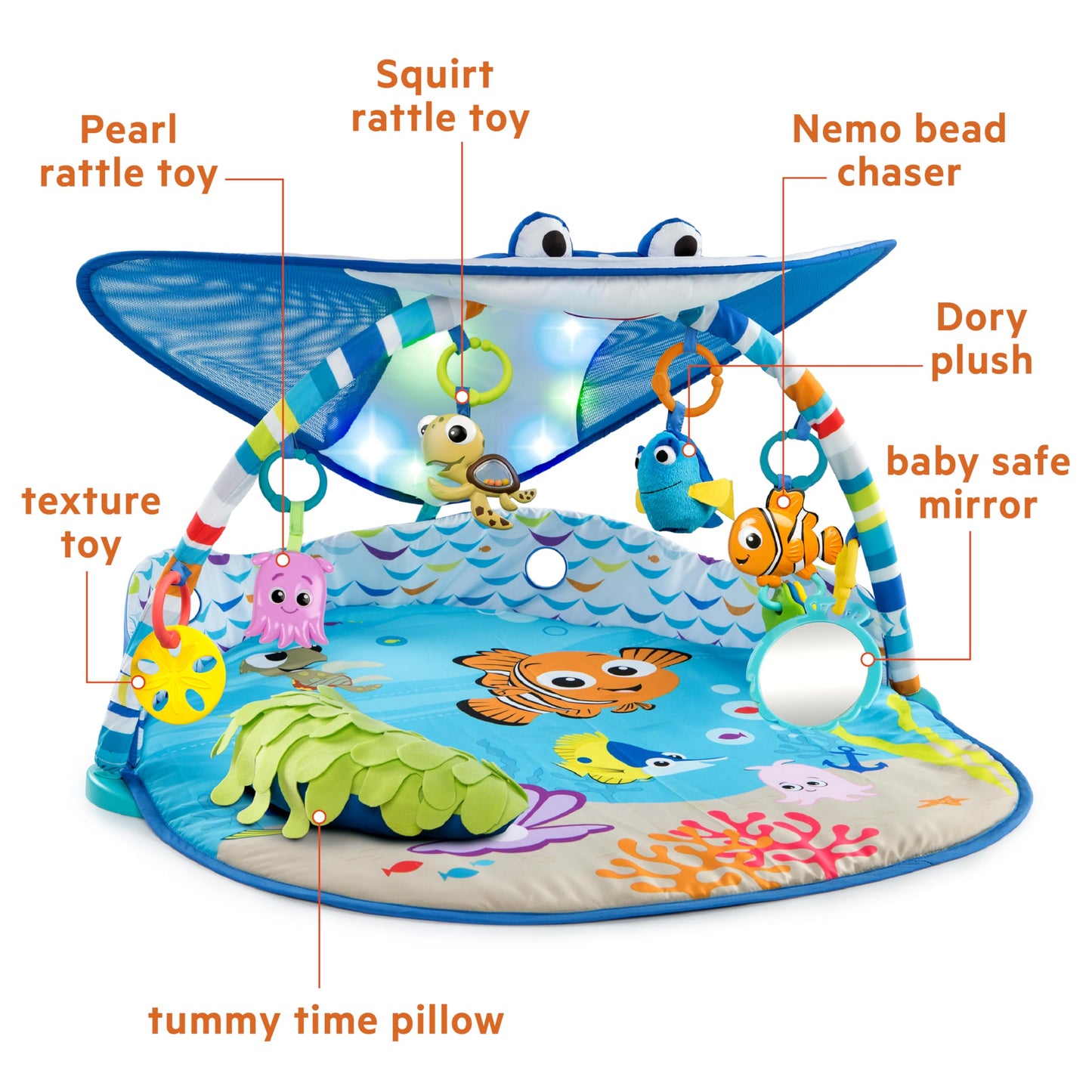 Bright Starts, Disney Baby, Finding Nemo playmat with play gym, lights, over 20 minutes of melodies, a Dory finger puppet, and more.