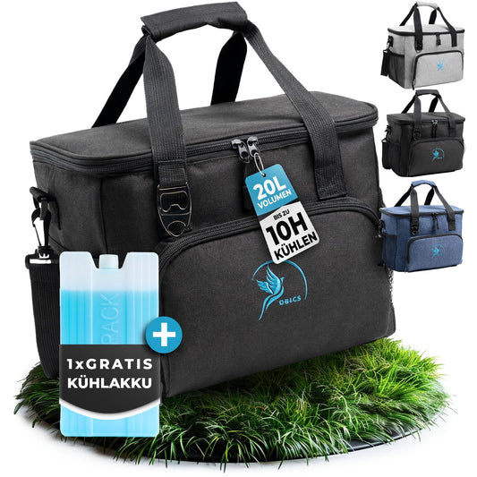 Obics small cooler bag 20l portable cooler with cooling pack - insulated freezer bag black without electricity passive picnic bag - thermal bag food bag camping, car & bike insulated lunch bag