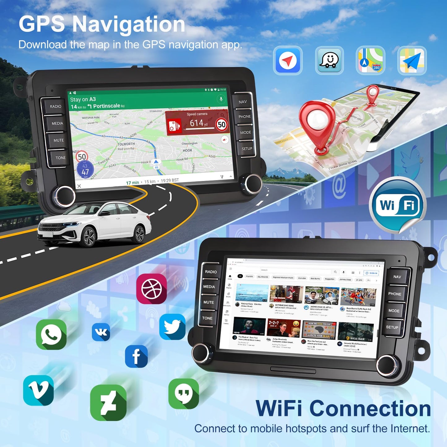 Podofo 2+64G car radio for VW Golf 5 6 Polo Seat Skoda with Wireless Carplay Android Auto, 7-inch Android 13 car radio with screen, Bluetooth, WLAN, GPS, RDS + rearview camera & microphone