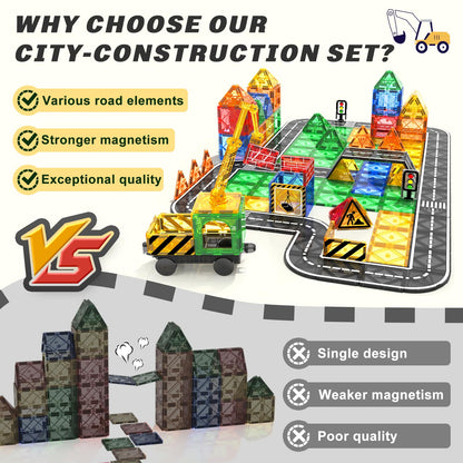 Children's play magnetic building blocks road set with retractable magnetic crane, city building toy for toddlers preschool toy age 4-6 5-7, gifts for boys girls from 3 years old Kids' toy