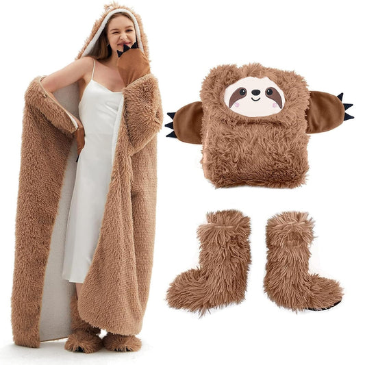 Sloth blanket with sleeves and hut slippers - Sloth gift for women | Sherpa fleece cuddle blanket with sleeves, Portable blanket to wear as Christmas birthday gift for women ladies