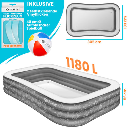 KESSER® Inflatable Pool Family Pool for Kids and Adults Garden Swimming Pool Family Swimming Pool Summer 305x183x56 cm Paddling Pool 1180 Liter Capacity Child-Friendly Includes Repair Kit & Ball
