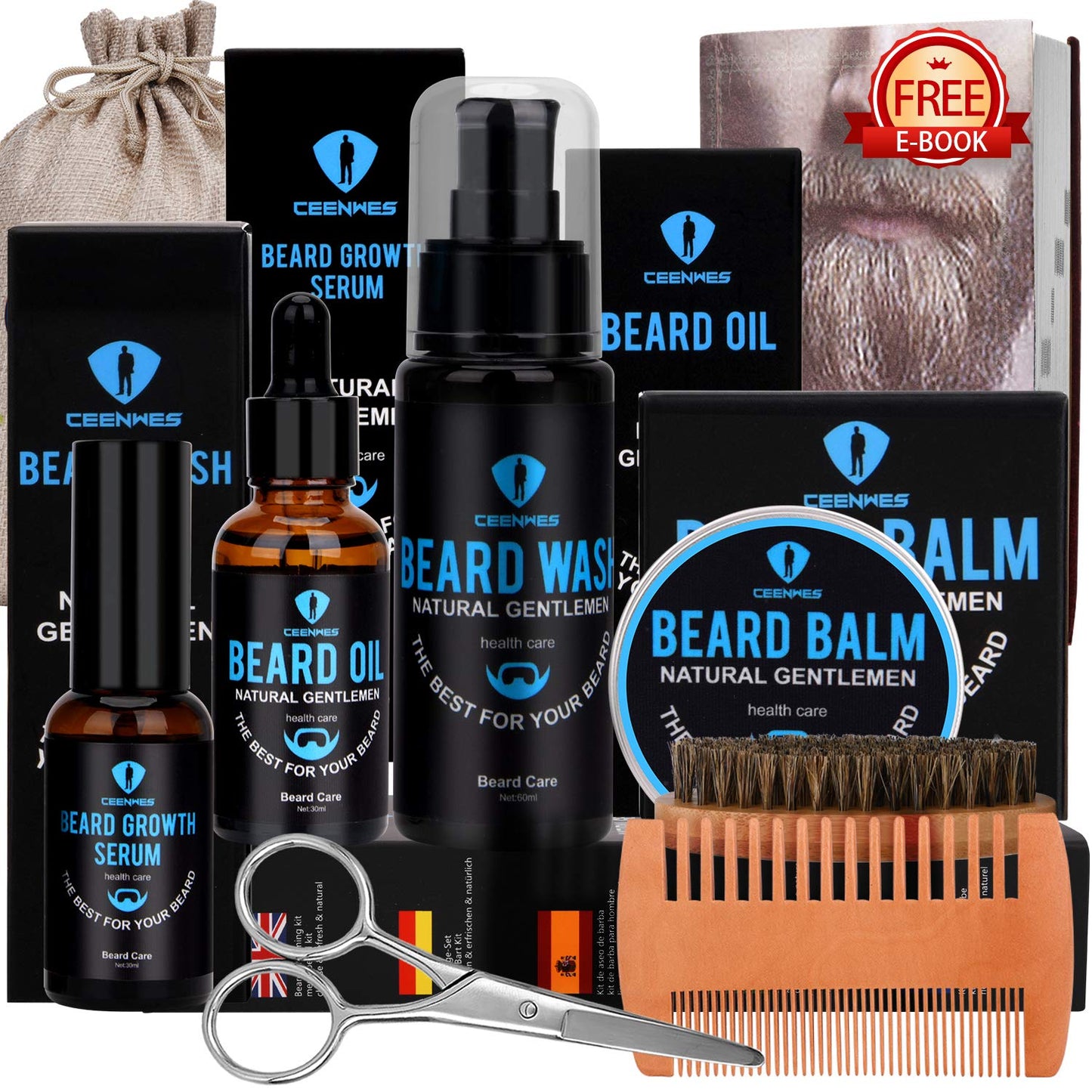 Beard care set gifts 9-piece for beard care set men with free beard shampoo, beard oil, beard balm, beard comb, beard brush, beard scissors, men's beard care, beard growth product, beard set.
