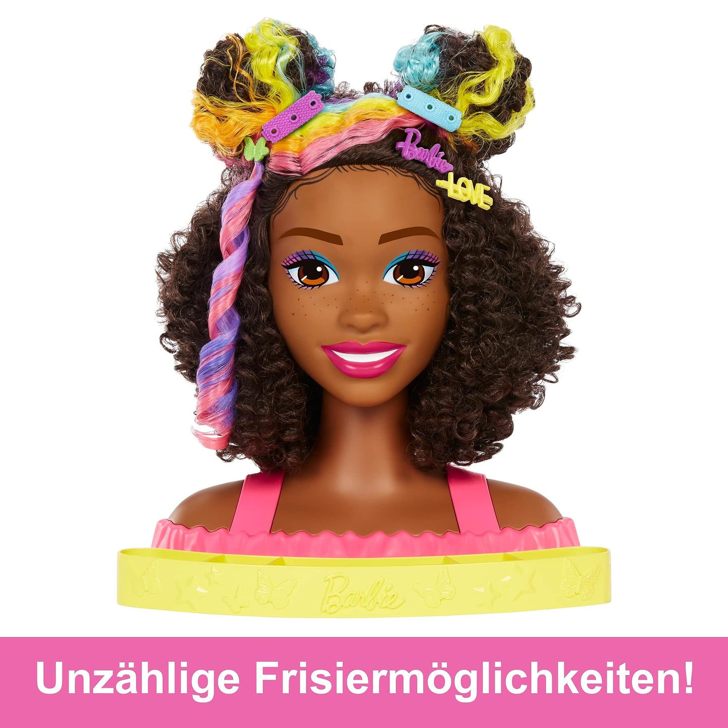 Barbie HMD79 - Barbie Deluxe Styling Head, Barbie Totally Hair, curly brown neon rainbow hair, doll head for hair styling, Color Reveal accessories, for ages 3+.