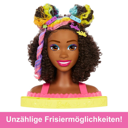 Barbie HMD79 - Barbie Deluxe Styling Head, Barbie Totally Hair, curly brown neon rainbow hair, doll head for hair styling, Color Reveal accessories, for ages 3+.