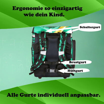 Familando Ninjago school bag set for boys with school cone 85 cm and gym bag - ergonomic, sturdy - 16 L volume, water repellent - With chest and hip belt - Complete set for 1st grade elementary school.