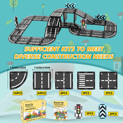BuzzoXerex Magnetic Building Blocks Road Set, 70PCS Magnetic Tiles City Streets, Magnetic Blocks Road Extension Set Learning Activities Gift for 3 4 5 year olds