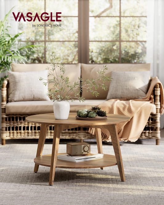 VASAGLE round coffee table, living room table with 2 levels, 80 cm diameter, 45 cm height, easy to assemble, honey brown LCT243K41