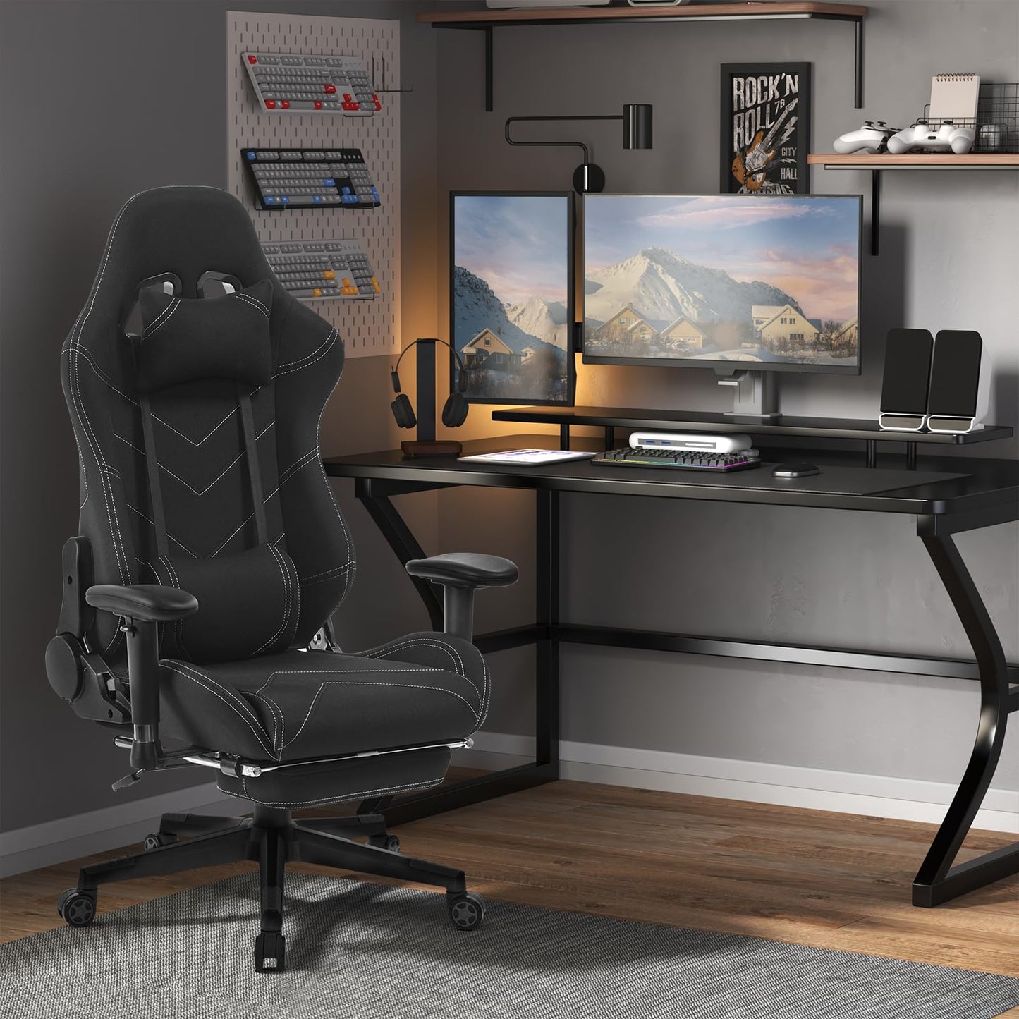 WOLTU Gaming chair fabric for summer, breathable office chair gaming chair ergonomic with lumbar pillow, gamer chair racing PC chair with rocking function & footrest live streaming swivel chair black