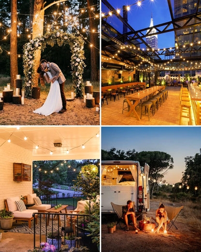 Woolmug outdoor string lights, 23m long with 30+3 G40 LED bulbs, waterproof for Christmas, wedding, and party decorations in warm white.