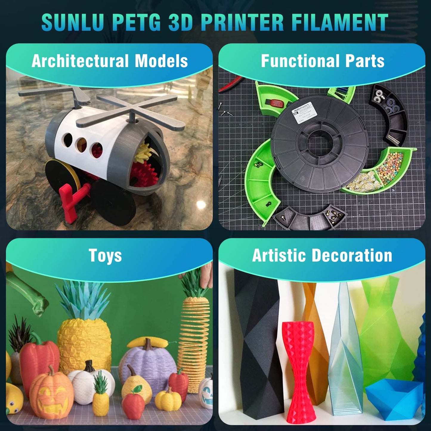 SUNLU PETG Filament 1.75mm, Neatly Wound Filament, durable PETG filament for 3D printers, Dimensional accuracy +/- 0.02mm, 3 kg (6.6 lbs), Black + Black