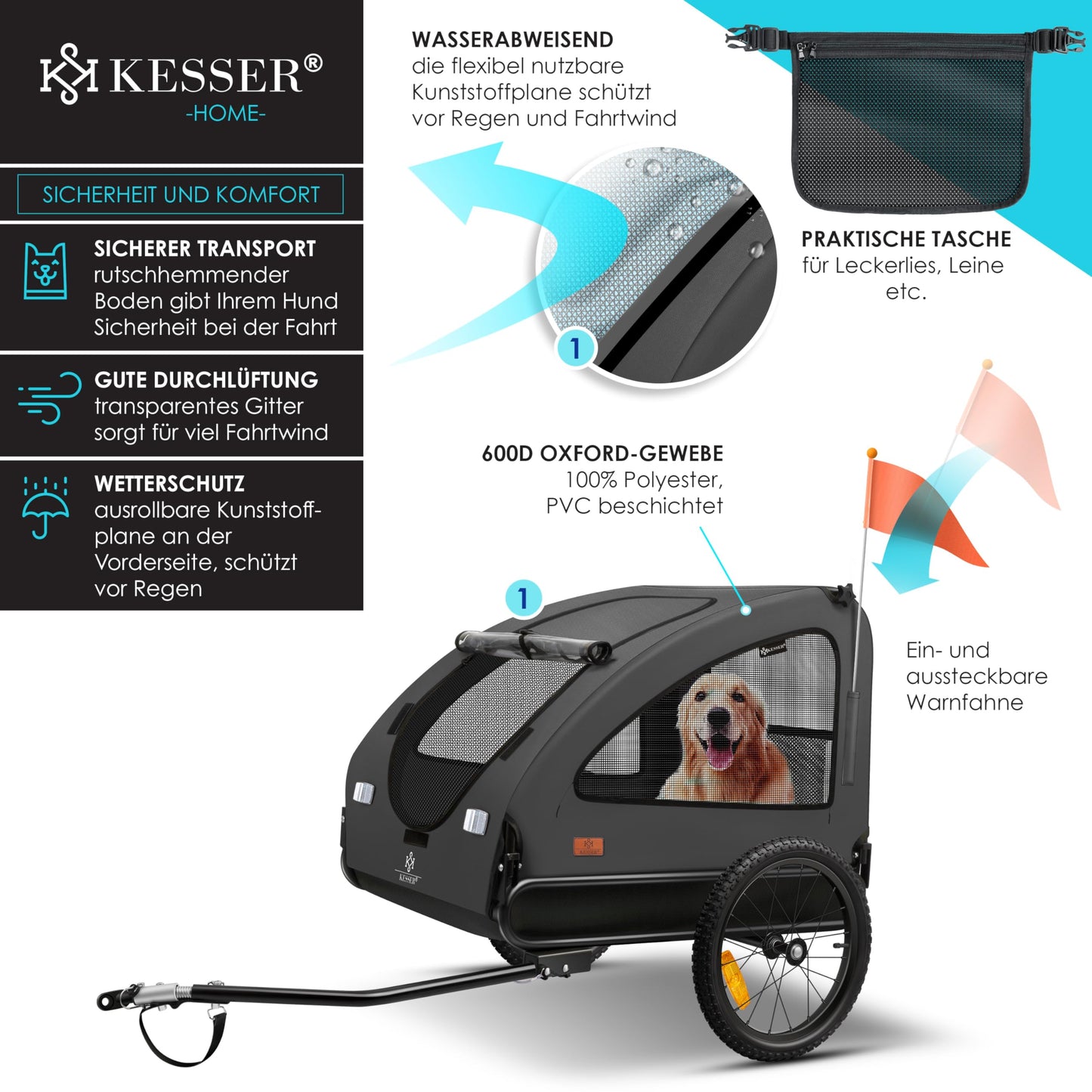 KESSER® Dog Trailer Boxer 2-in-1 Dog Stroller Bike Trailer large approx. 250L volume - Incl. flag and bag - 600D Oxford Canvas, foldable SmartSpace Concept, max. 45kg, Anthracite
