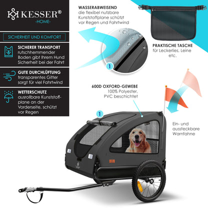 KESSER® Dog Trailer Boxer 2-in-1 Dog Stroller Bike Trailer large approx. 250L volume - Incl. flag and bag - 600D Oxford Canvas, foldable SmartSpace Concept, max. 45kg, Anthracite