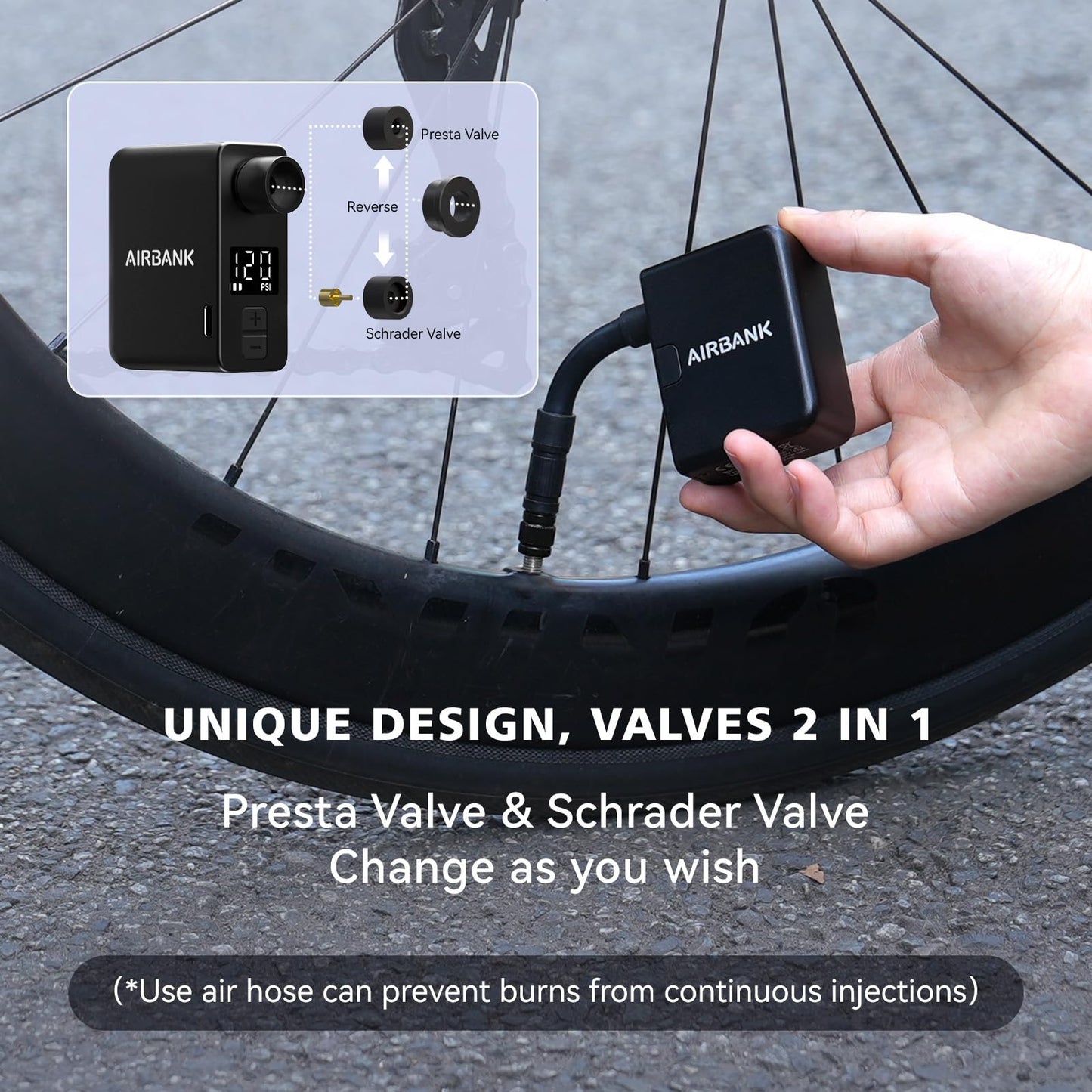 AIRBANK Electric Bike Pump Pocket PRO, 120PSI Mini Bike Inflator, cordless bike pump with rechargeable battery for Shrader and Presta valves.