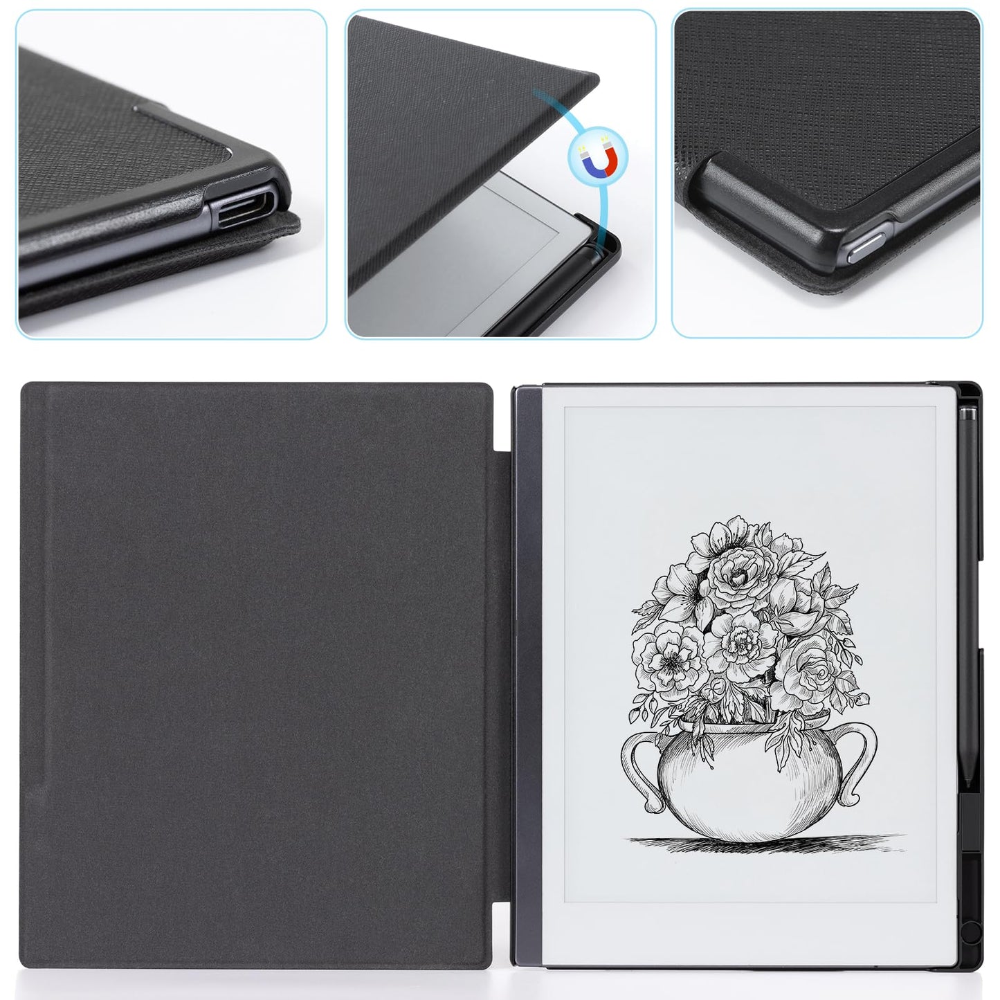 CoBak case for Remarkable 2 - Lightweight and durable book spine cover with protective book folio cover with integrated pen holder - for Remarkable 2 Paper Tablet 2020 10.3 inch Released (Black)