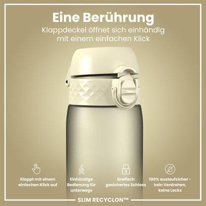 ion8 water bottle, 500ml, leak-proof, one-handed opening, secure locking, dishwasher safe, BPA-free, carrying handle, flip lid, easy to clean, climate-neutral, creamy white.